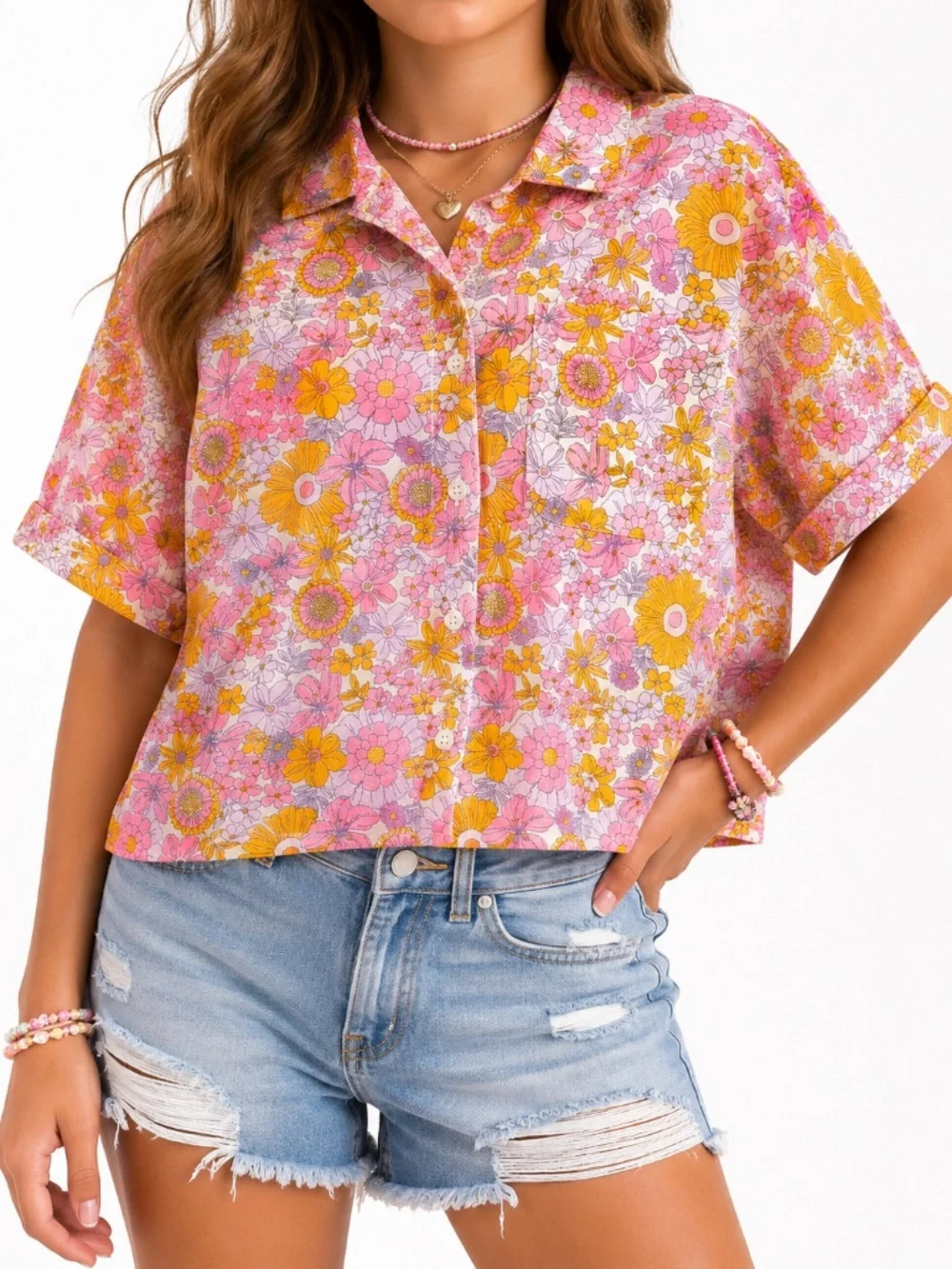 Thereabouts Retro Floral Button Up Shirt 10/12 Pink Orange